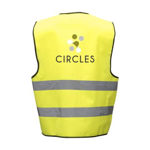 Fluorescerend veiligheidsvest van 100% tricot polyester. Past altijd door verstelbare klittenbandsluiting. (EN-20471 Klasse 2). Per stuk in etui.