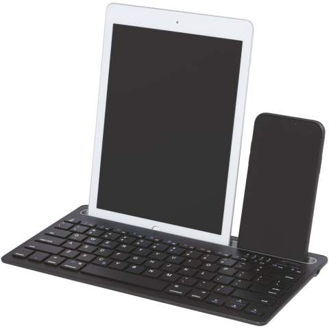 Compact QWERTY-toetsenbord met 78 toetsen. Bluetooth® 3.0 met ondersteuning voor twee kanalen, zodat het verbinding kan maken met twee apparaten tegelijk. Geïntegreerde dockingstandaard voor een telefoon en tablet. Het toetsenbord is compatibel met pc/laptop, tablets, mobiele telefoons, smart-tv's en andere apparaten met Bluetooth®-functie. De werkafstand is maximaal 10 meter. De ingebouwde oplaadbare batterij van 150 mAh biedt minimaal 40 uur gebruik of tot 6 maanden stand-by. Het opladen duurt ongeveer 3 uur. Geleverd in een premium doos van kraftpapier met een kleurrijke sticker.