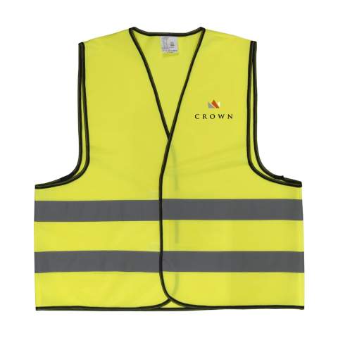 Fluorescerend veiligheidsvest van 100% tricot polyester. Past altijd door verstelbare klittenbandsluiting. (EN-20471 Klasse 2). Per stuk in etui.