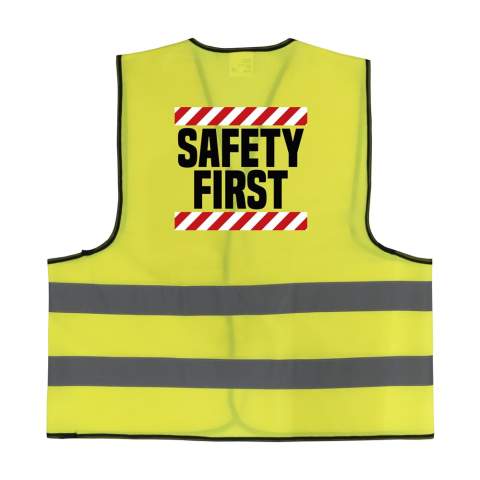 Fluorescerend veiligheidsvest van 100% tricot polyester. Past altijd door verstelbare klittenbandsluiting. (EN-20471 Klasse 2). Per stuk in etui.