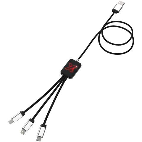 Light-up logo charging cable with rubber and metal finish fitted with three connectors (Type-C, Android, iPhone). Up to three devices can be charged simultaneously. Length of cables (including plugs): 10 cm. Total cable length: 1 metre. Recycled PET plastic cable and packaging is made of recycled paper and recycled plastic.