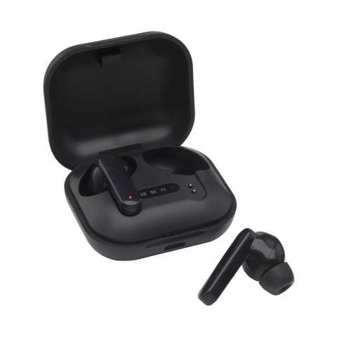 True wireless earbuds in charging case. The earbuds use BT 5.0 for a smooth connection. The 30mAh battery allows for play time up to 4 hours and can be recharged in 2 hours in the 300mAh charging case. With outstanding sound reproduction and adjustable volume. The charging case has an LED display with a battery icon. With autopairing for automatic linking and touch control. Easy hands-free telephone calls and enjoying music without restriction of movement. Range up to 10 meters. Including silicon earbuds in 3 sizes, micro-USB charging cable and user manual. Each item is individually boxed.