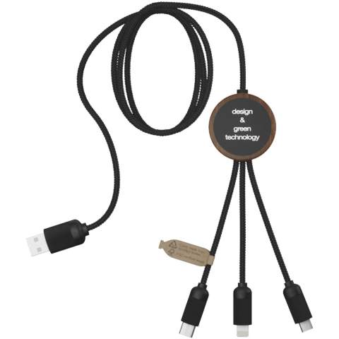 3-in-1 verlengde oplaadkabel van gerecycled PET met oplichtend logo en ronde bamboe behuizing. Het oplichtende logo is aan beide kanten zichtbaar. Voorzien van 3 connectoren (type C, micro USB, iPhone) en een dubbele USB-connector voor universeel gebruik. Geleverd in een TPU zakje, met een kaart van kraftpapier. Kabellengte: 1 meter. Inclusief 3 jaar garantie.