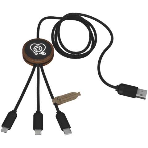 3-in-1 verlengde oplaadkabel van gerecycled PET met oplichtend logo en ronde bamboe behuizing. Het oplichtende logo is aan beide kanten zichtbaar. Voorzien van 3 connectoren (type C, micro USB, iPhone) en een dubbele USB-connector voor universeel gebruik. Geleverd in een TPU zakje, met een kaart van kraftpapier. Kabellengte: 1 meter. Inclusief 3 jaar garantie.