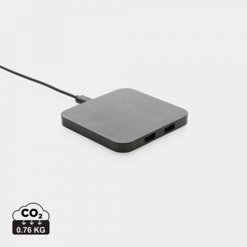 10W wireless fast charger with two USB ports made with RCS (Recycled Claim Standard) certified recycled ABS. Total recycled content: 57% based on total item weight. RCS certification ensures a completely certified supply chain of the recycled materials. Wireless charging compatible with Android latest generations, iPhone 8 and up. Item and accessories PVC free. Including 120 cm type C charging cable made from RCS certified recycled TPE. Packed in FSC mix kraft box. Type-C in; Input 5V/2A; 9V/1.67A. Wireless output 5V/1A;9V/1.1A (10W)<br /><br />WirelessCharging: true<br />PVC free: true