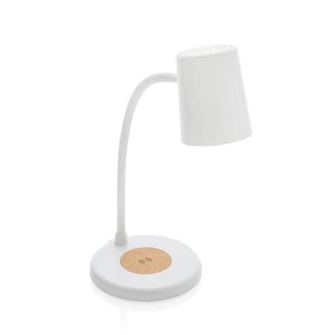 Ultra-fast 15W wireless charger with integrated desk lamp. The flexible desk lamp provides 55 lumen and has 3 light modes (warm, white and hybrid) Made with RCS recycled ABS, recycled PC and FSC Cork.  Wireless charging compatible with Android latest generations, iPhone 8 and up. Item and accessories PVC free. Including 120 cm type C charging cable made from RCS certified recycled TPE. Packed in FSC® mix kraft box.. Type-C in; Input 5V/2A; 9V/2A;12V/1.5A; Wireless output 5V/1A;9V/1.1A; 9V/1.67A (15W) Total recycled content: 36 % based on total item weight. RCS certification ensures a completely certified supply chain of the recycled materials.<br /><br />WirelessCharging: true<br />Lightsource: LED<br />LightsourceQty: 12<br />PVC free: true