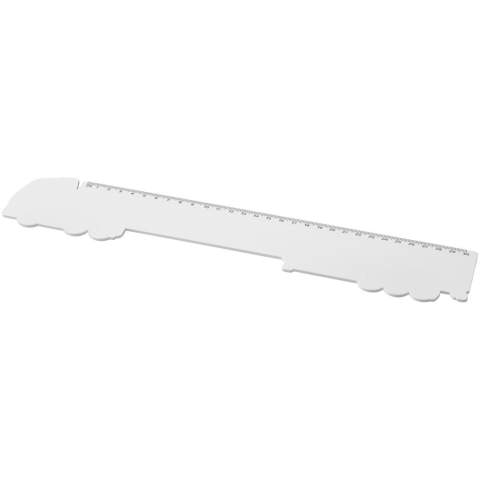 Lorry-shaped solid recycled plastic ruler with markings in inches or centimetres. 