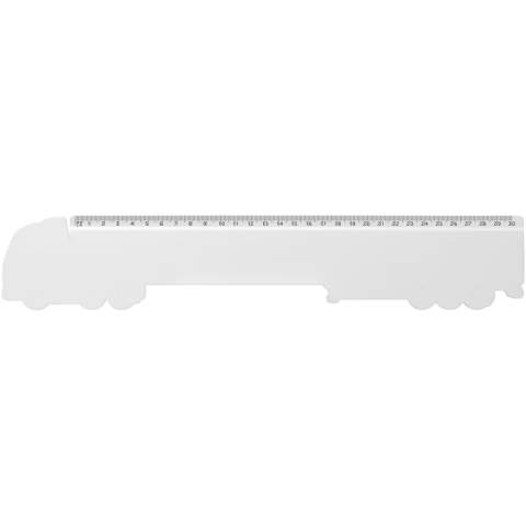 Lorry-shaped solid recycled plastic ruler with markings in inches or centimetres. 