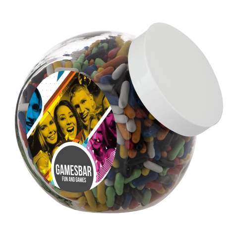 Glazen pot 2 liter met wit deksel gevuld met dropstaafjes en voorzien van een full colour sticker op beide zijden