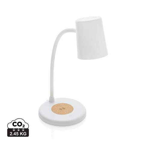 Chargeur sans fil 15W ultra-rapide avec lampe de bureau intégrée. La lampe de bureau flexible fournit 55 lumens et dispose de 3 modes d'éclairage (chaud, blanc et hybride). Fabriquée avec de l'ABS recyclé RCS, du PC recyclé et du liège FSC.  Chargement sans fil compatible avec les dernières générations d'Android, iPhone 8 et plus. L'article et les accessoires sont exempts de PVC. Câble de recharge de type C de 120 cm inclus, fabriqué à partir de TPE recyclé certifié RCS. Emballé dans une boîte kraft FSC® mix. Type-C in ; Input 5V/2A ; 9V/2A;12V/1.5A ; Wireless output 5V/1A;9V/1.1A ; 9V/1.67A (15W) Total recycled content : 36 % sur la base du poids total de l'article. La certification RCS garantit une chaîne d'approvisionnement entièrement certifiée pour les matériaux recyclés.<br /><br />WirelessCharging: true<br />Lightsource: LED<br />LightsourceQty: 12<br />PVC free: true