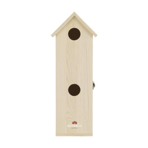 Rackpack Tweet Suite: a wine gift box and bird house in one. The Rackpack Tweet Suite is a wooden gift box for a bottle of wine that turns into a bird house. By hanging this winebox in your backyard, to a tree or on a post you create a nice sustainable bird house to attract all kinds of bird friends. The Tweet Suite brings joy for you and the birds. Rackpack: a wine gift box made from FSC 100% certified wood with a new second life! • suitable for one bottle of wine • 8-10 mm pine wood • wine not included. Each item is supplied in an individual brown cardboard box.