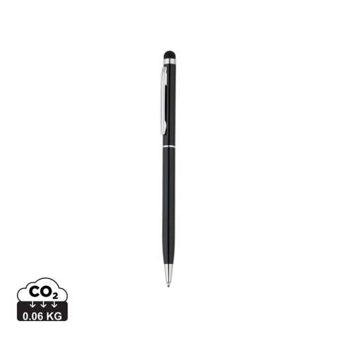 Schwarzschreibender Kugelschreiber aus Aluminium mit Stylus und einfacher Handhabung durch den Drehmachanismus.