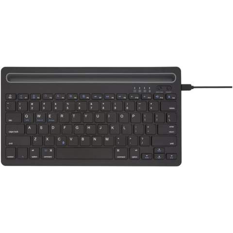 Compact QWERTY keyboard with 78 keys. Bluetooth® 3.0 with dual channel support so that it can connect with two devices simultaneously. Integrated docking stand for a phone and tablet. The keyboard is compatible with PC/laptop, tablets, mobile phones, smart TVs and other devices with Bluetooth® function. The operating distance is up to 10 meters. The 150mAh built-in rechargable battery provides at least 40 hours of usage, or up to 6 months on standby. Charging takes approximately 3 hours. Delivered in a premium kraft paper box with a colourful sticker.