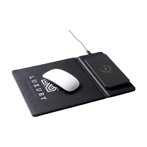 Multifunctional, wireless 10W charger mousepad. The sustainable exterior of this modern mousepad is made from recycled PU. You can efforlessly navigate your mouse and charge your smartphone on this cork mouse pad. Can also be used as a phone stand. Compatible with all mobile devices that support QI wireless charging (newest generations Android and iPhone). Includes USB-C charging cable. Input: DC5V-2.0A. Output: Type-C charging port. Wireless output 10W.  RCS-certified. Total recycled material: 30%. Includes user manual. Each item is supplied in an individual brown cardboard box.