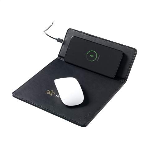 Multifunctional, wireless 10W charger mousepad. The sustainable exterior of this modern mousepad is made from recycled PU. You can efforlessly navigate your mouse and charge your smartphone on this cork mouse pad. Can also be used as a phone stand. Compatible with all mobile devices that support QI wireless charging (newest generations Android and iPhone). Includes USB-C charging cable. Input: DC5V-2.0A. Output: Type-C charging port. Wireless output 10W.  RCS-certified. Total recycled material: 30%. Includes user manual. Each item is supplied in an individual brown cardboard box.