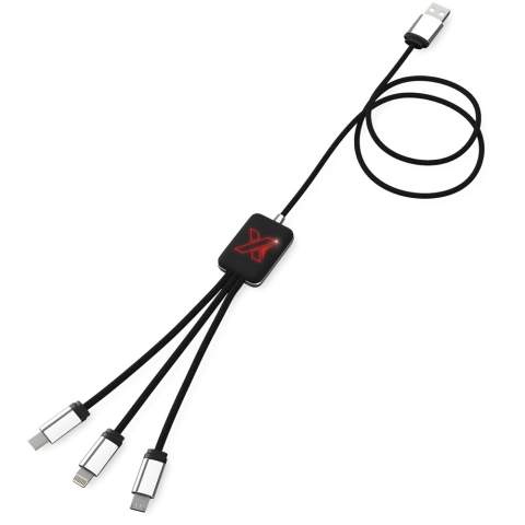 Light-up logo charging cable with rubber and metal finish fitted with three connectors (Type-C, Android, iPhone). Up to three devices can be charged simultaneously. Length of cables (including plugs): 10 cm. Total cable length: 1 metre. Recycled PET plastic cable and packaging is made of recycled paper and recycled plastic.