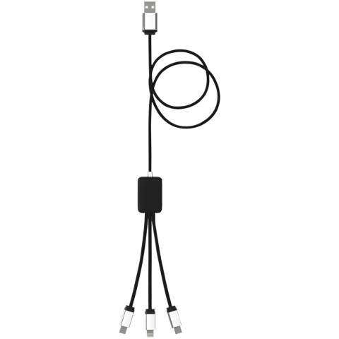 Light-up logo charging cable with rubber and metal finish fitted with three connectors (Type-C, Android, iPhone). Up to three devices can be charged simultaneously. Length of cables (including plugs): 10 cm. Total cable length: 1 metre. Recycled PET plastic cable and packaging is made of recycled paper and recycled plastic.