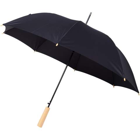 Parapluie à ouverture automatique avec auvent en polyester pongee et PET recyclé. Mât métallique robuste, cadre de qualité supérieure avec baleines en fibre de verre pour une grande flexibilité dans des conditions venteuses. Avec la poignée en bois, les pointes et l'auvent en polyester pongee et PET recyclé, il offre un choix plus durable. Disponible dans une grande variété de couleurs contemporaines avec une grande surface de marquage sur chacun des panneaux.