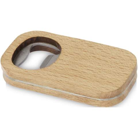 Stainless steel bottle opener with wooden surface.