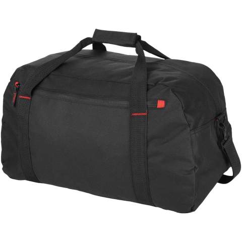 Large travel bag with zipper large main compartment, front zipper pocket and adjustable shoulder strap.