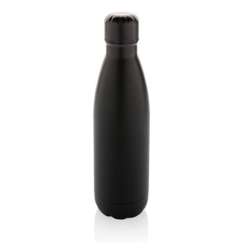 Elevate your daily water intake with this single wall stainless steel bottle. The bottle is suitable for cold drinks only. With a base that fits in most cup holders, this sleek looking water bottle will keep you hydrated on the go wherever you are. Made with RCS (Recycled Claim Standard) certified recycled materials. RCS certification ensures a completely certified supply chain of the recycled materials. Total recycled content: 84% based on total item weight. BPA free. Capacity 500ml. Including FSC®-certified kraft packaging.