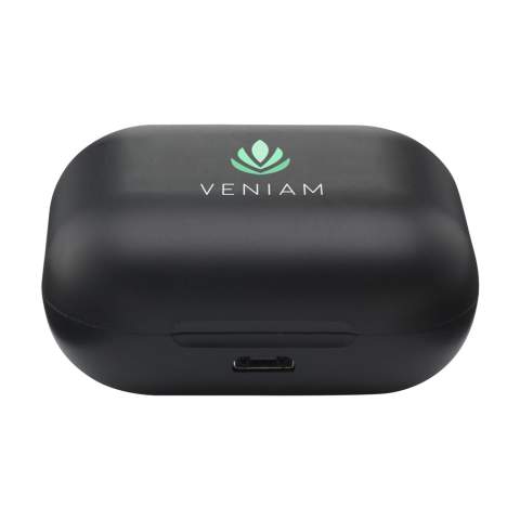 True wireless earbuds in charging case. The earbuds use BT 5.0 for a smooth connection. The 30mAh battery allows for play time up to 4 hours and can be recharged in 2 hours in the 300mAh charging case. With outstanding sound reproduction and adjustable volume. The charging case has an LED display with a battery icon. With autopairing for automatic linking and touch control. Easy hands-free telephone calls and enjoying music without restriction of movement. Range up to 10 meters. Including silicon earbuds in 3 sizes, micro-USB charging cable and user manual. Each item is individually boxed.