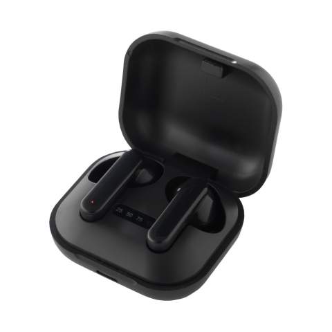 True wireless earbuds in charging case. The earbuds use BT 5.0 for a smooth connection. The 30mAh battery allows for play time up to 4 hours and can be recharged in 2 hours in the 300mAh charging case. With outstanding sound reproduction and adjustable volume. The charging case has an LED display with a battery icon. With autopairing for automatic linking and touch control. Easy hands-free telephone calls and enjoying music without restriction of movement. Range up to 10 meters. Including silicon earbuds in 3 sizes, micro-USB charging cable and user manual. Each item is individually boxed.