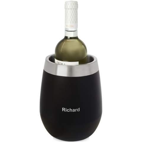 Double-walled stainless steel wine cooler with a colourful outer layer. The interior steel layer is easy to clean and keeps the wine nice and chilled. 