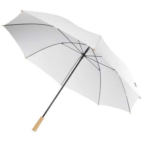 Parapluie de golf avec une toile en polyester pongee en PET recyclé convenant à 2 personnes. Le mat métallique robuste et le cadre de qualité supérieure avec des baleines en fibre de verre offrent un maximum de flexibilité dans des conditions venteuses. Avec la poignée en bois, les extrêmités et la toile en polyester pongee et PET recyclé, il offre un choix plus durable. 