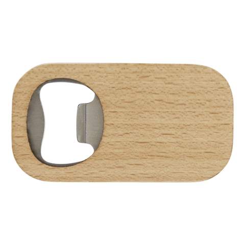 Stainless steel bottle opener with wooden surface.