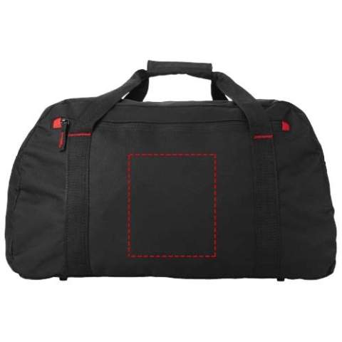 Large travel bag with zipper large main compartment, front zipper pocket and adjustable shoulder strap.