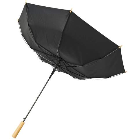 Parapluie à ouverture automatique avec auvent en polyester pongee et PET recyclé. Mât métallique robuste, cadre de qualité supérieure avec baleines en fibre de verre pour une grande flexibilité dans des conditions venteuses. Avec la poignée en bois, les pointes et l'auvent en polyester pongee et PET recyclé, il offre un choix plus durable. Disponible dans une grande variété de couleurs contemporaines avec une grande surface de marquage sur chacun des panneaux.