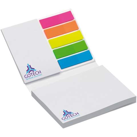 La combinaison de notes adhésives Sticky-Mate® et de notes adhésives aux couleurs néon avec une couverture souple donne un produit utile et un outil promotionnel efficace. Inclut 50 feuilles (80 g/m²) de notes adhésives, dimensions : 100 x 75 mm, et 25 feuilles (80 g/m²) de notes adhésives, dimensions : 50x75mm. Inclut 5 ensembles de 20 notes adhésives aux couleurs néon. La couverture (350 g/m²) est imprimée numériquement avec une finition laminée mate ou brillante.