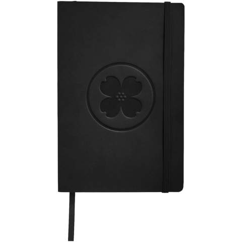 Soft touch cover notebook (A5 size reference) with built-in elastic closure, ribbon page marker, document pocket on interior back cover and 80 sheets (80gsm) of lined paper.