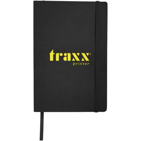 Soft touch cover notebook (A5 size reference) with built-in elastic closure, ribbon page marker, document pocket on interior back cover and 80 sheets (80gsm) of lined paper.