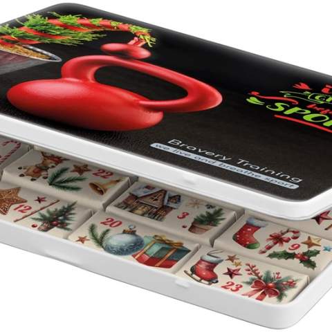 Dekorative Adventskalender-Dose mit 24 individuell bedruckten und verpackten Schokoladen und Vollfarbdruck auf dem Deckel