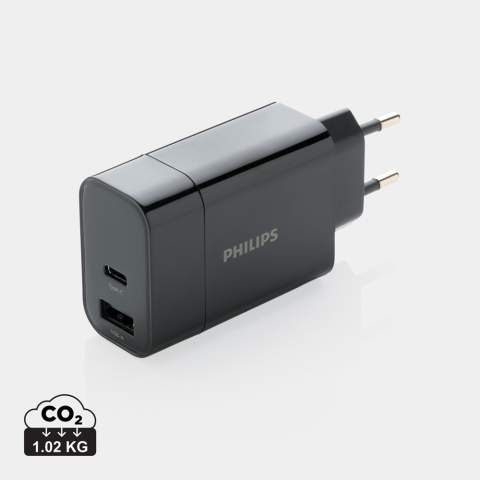 Philips superschneller 30W-Wall-Charger mit Power Delivery hat einen 2A USB-A Output sowie einen Type-C-Output, der das Fast Charging unterstützt. Auf diese Weise können Sie Ihr Mobilgerät in weniger als einer Stunde aufladen, wenn es das PD-Laden unterstützt. Input 100-240V; Type-C-Output (PD): 5V/3A,9V/2A,12V/1,5A; USB-Output: 5V/2,4A (max12W) Gesamtleistung: 30W. Verpackt in einer Philips Geschenkbox.