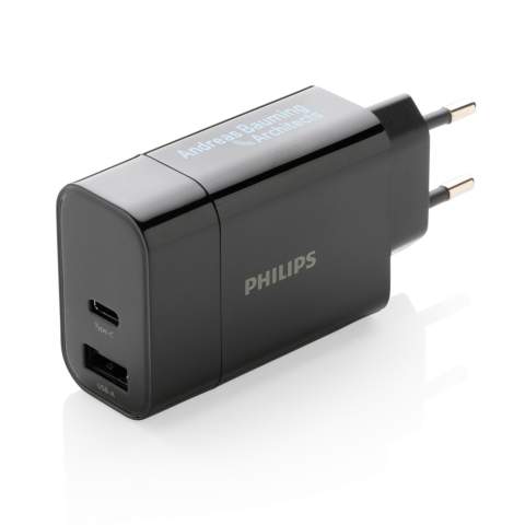 Philips superschneller 30W-Wall-Charger mit Power Delivery hat einen 2A USB-A Output sowie einen Type-C-Output, der das Fast Charging unterstützt. Auf diese Weise können Sie Ihr Mobilgerät in weniger als einer Stunde aufladen, wenn es das PD-Laden unterstützt. Input 100-240V; Type-C-Output (PD): 5V/3A,9V/2A,12V/1,5A; USB-Output: 5V/2,4A (max12W) Gesamtleistung: 30W. Verpackt in einer Philips Geschenkbox.