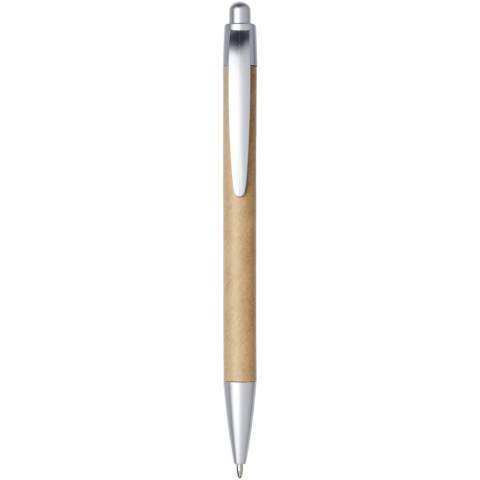 Eco friendly ballpoint pen with click action mechanism, with a barrel made of recycled paper, and silver sprayed ABS trims. Recycled paper colour may vary.