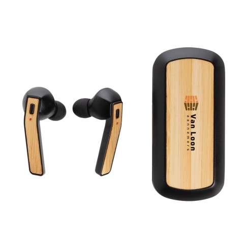 Let the music flow with these true wireless earbuds in charging case. The bamboo earbuds have a 35 mAh battery and can be re-charged in the 500 mAh charging case within 1 hour. With auto pairing function so easy to pair to your mobile device. Playing time on medium volume about 3 hours. With BT 5.0 for optimal connection. Operating distance up to 10 metres. With pick up and mic. Including 3 size silicone ear tips. Bamboo and ABS material.