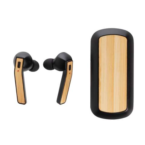 Let the music flow with these true wireless earbuds in charging case. The bamboo earbuds have a 35 mAh battery and can be re-charged in the 500 mAh charging case within 1 hour. With auto pairing function so easy to pair to your mobile device. Playing time on medium volume about 3 hours. With BT 5.0 for optimal connection. Operating distance up to 10 metres. With pick up and mic. Including 3 size silicone ear tips. Bamboo and ABS material.