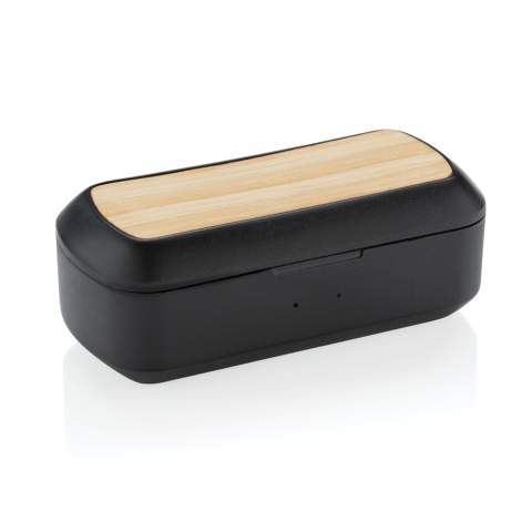 Let the music flow with these true wireless earbuds in charging case. The bamboo earbuds have a 35 mAh battery and can be re-charged in the 500 mAh charging case within 1 hour. With auto pairing function so easy to pair to your mobile device. Playing time on medium volume about 3 hours. With BT 5.0 for optimal connection. Operating distance up to 10 metres. With pick up and mic. Including 3 size silicone ear tips. Bamboo and ABS material.