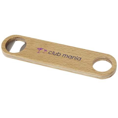 Bottle opener made of stainless steel with wooden surface. Features a hanger on the handle.