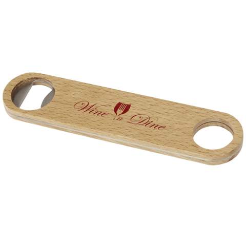 Bottle opener made of stainless steel with wooden surface. Features a hanger on the handle.