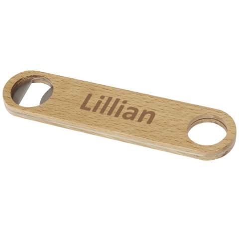 Bottle opener made of stainless steel with wooden surface. Features a hanger on the handle.