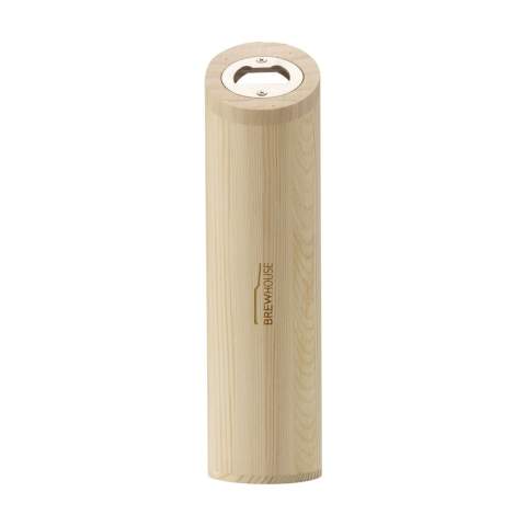 Rackpack bottle opener. Made from FSC 100% certified pine wood. The slim design fits comfortably in the hand. The natural solution for easy removal and collection of crown caps. Each item is supplied in an individual brown cardboard box.