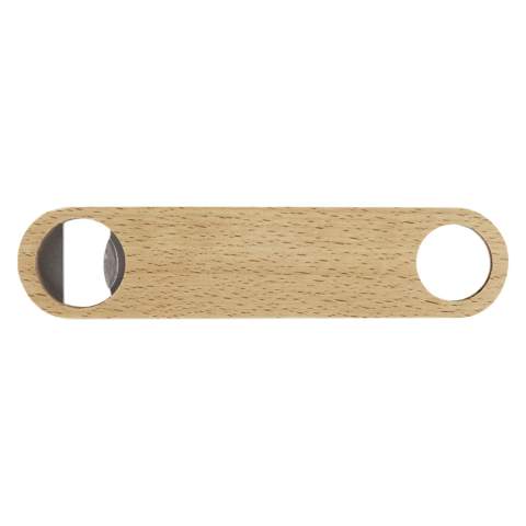 Bottle opener made of stainless steel with wooden surface. Features a hanger on the handle.