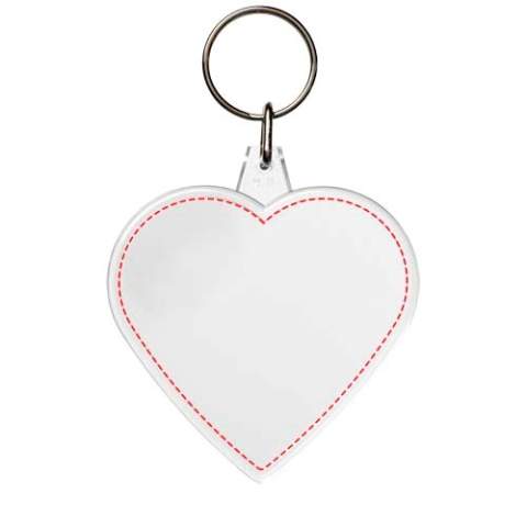 Clear heart-shaped keychain with metal split keyring. The metal looped ring offers a flat profile which is ideal for mailings. Print insert dimensions: 5,8 cm x 5,0 cm.