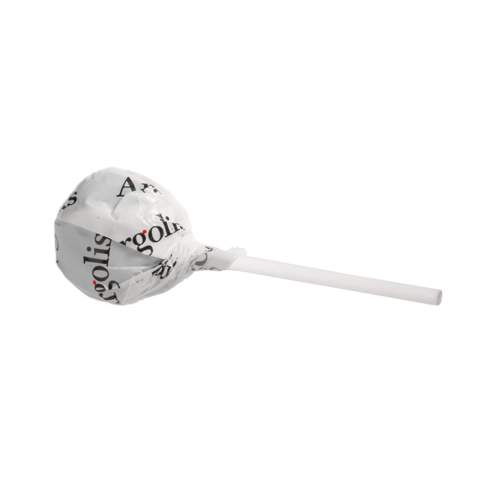 Ronde lolly van ca. 13 gram in witte folie, voorzien van een all-over bedrukking. Keuze uit diverse fruitsmaken.