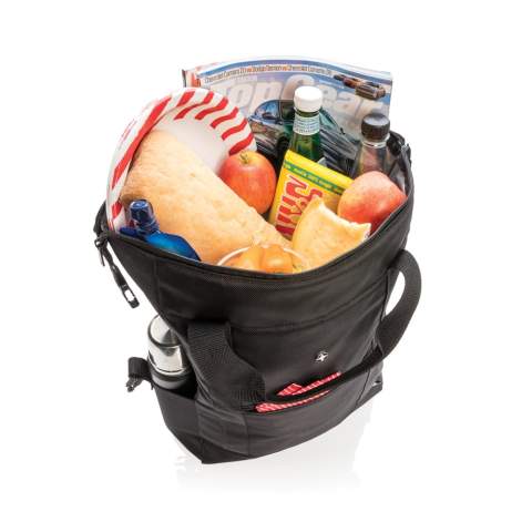 Deluxe 1680D and 600D polyester cooler totepack with extra-large zipped main compartment and zipped front pocket. Large storage space. Double reinforced carrying handles. Including bottle opener. Fits up to 28 cans. PEVA insulation.